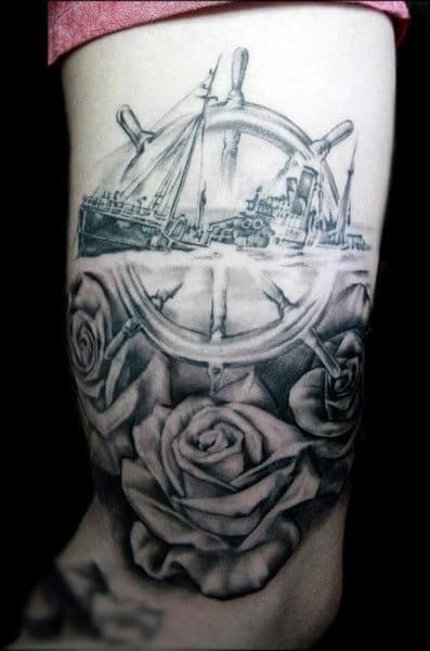 Rose Flower Ocean Ship Wheel Mens Bicep Tattoos