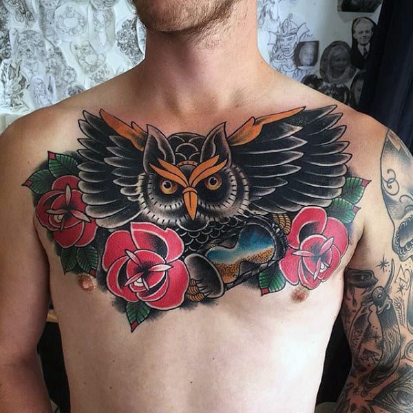 Rose Flower Owl With Hourglass Mens Traditional Upper Chest Tattoos