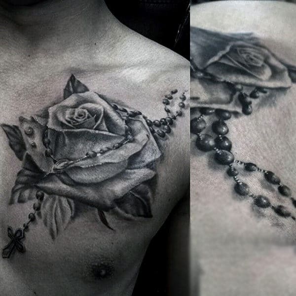 Rose Flower Rosary Chest Mens Tattoos
