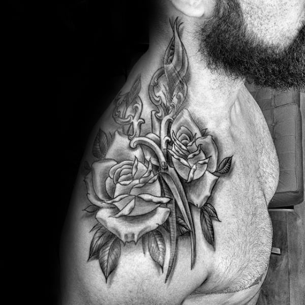 Rose Flower Scissors Mens Shoulder Tattoo With Shaded Ink Design