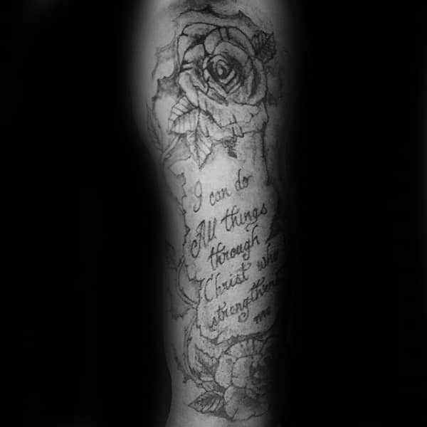 Rose Flower Scroll Philippians 4 13 Guys Arm Tattoos