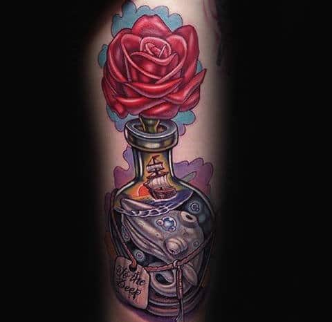 Rose Flower Ship In A Bottle Arm Tattoos For Men