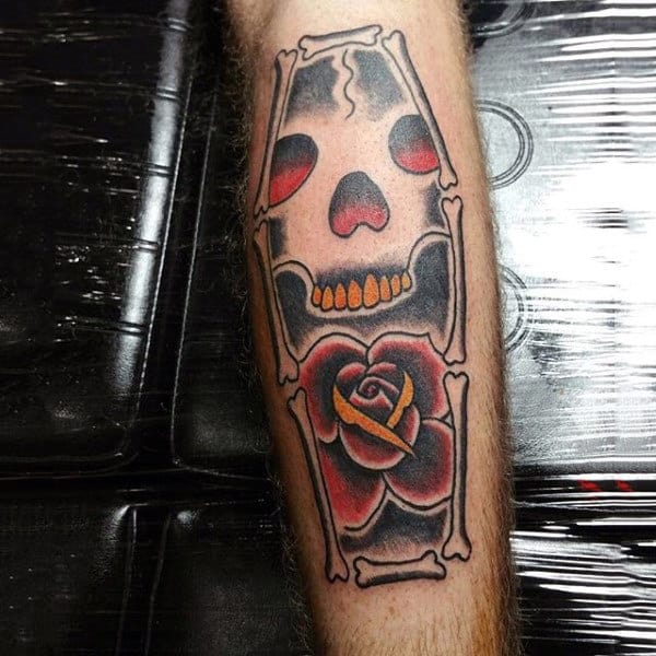 Rose Flower Skull Bone Coffin Shaped Tattoo For Males