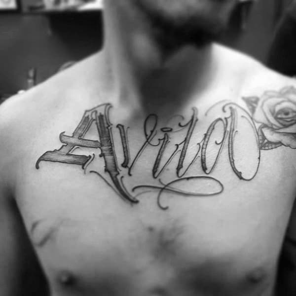 Rose Flower Unique Name Mens Chest Tattoos