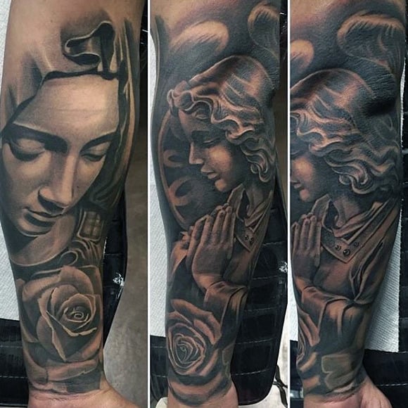 Rose Flower Virgin Mary Guys Forearm Tattoo Sleeves