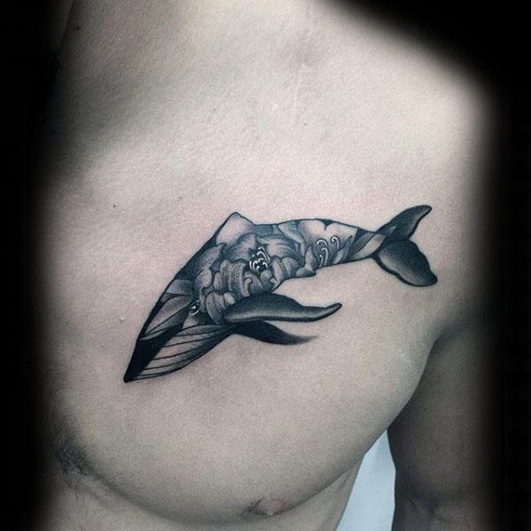 Rose Flower Whale Mens Upper Chest Tattoos