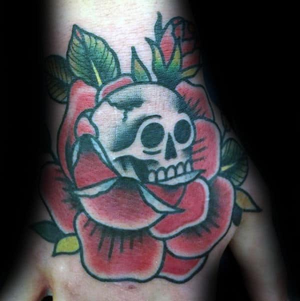 Rose Flower White Skull Mens Traditional Tattoo On Hand