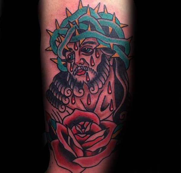 Rose Flower With Crying Jesus Male Traditional Tattoo Ideas On Forearm
