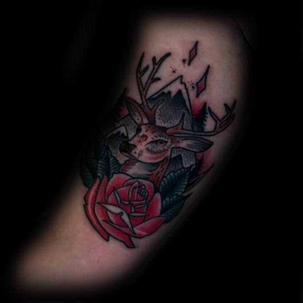 Rose Flower With Deer And Mountain Landscape Guys Traditional Tattoos On Arm