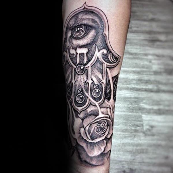 Rose Flower With Eyes And Hamsa Guys Tattoo On Forearms