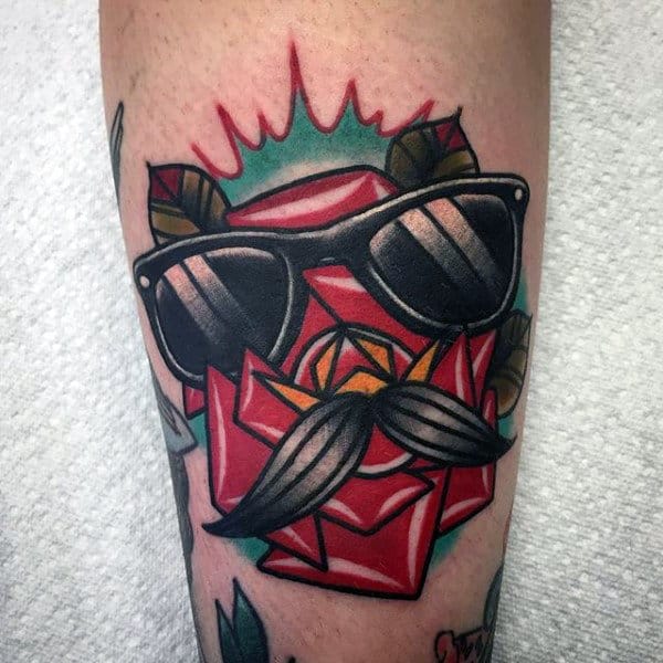 Rose Flower With Glasses And Mustache Mens Arm Tattoo
