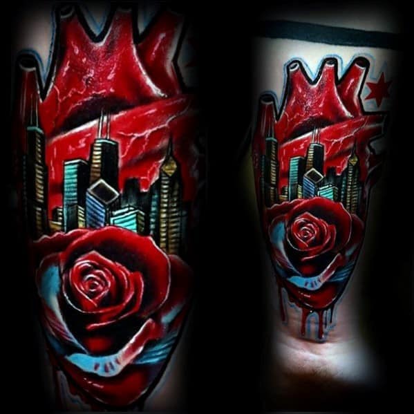 Rose Flower With Heart Skyline Mens Chicago City Tattoos On Inner Forearm