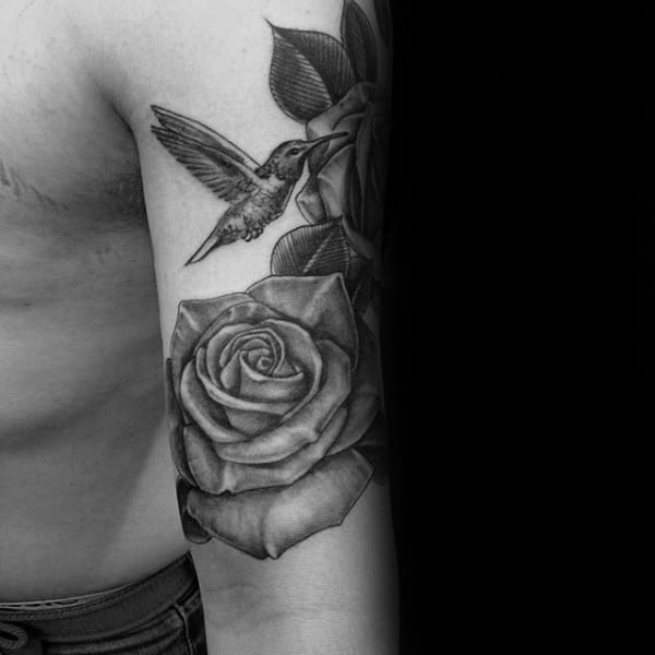 Rose Flower With Hummingbird Shaded Mens Upper Arm Tattoo Designs