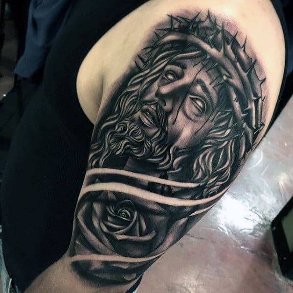 Rose Flower With Jesus Arm Tattoos For Men