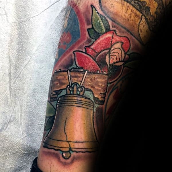 Rose Flower With Liberty Bell Male Old School Tattoos