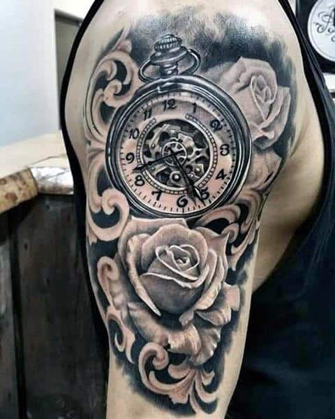 Rose Flower With Pocket Watch Filigree Half Sleeve Guys Tattos