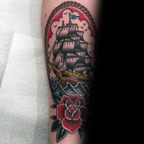 Rose Flower With Sailing Ship Male Traditional Forearm Tattoos