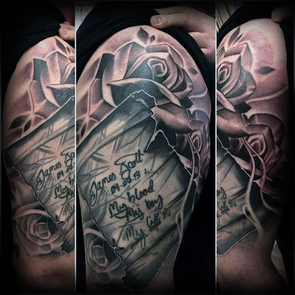 Rose Flower With Scroll Mens Arm Tattoo Design Ideas
