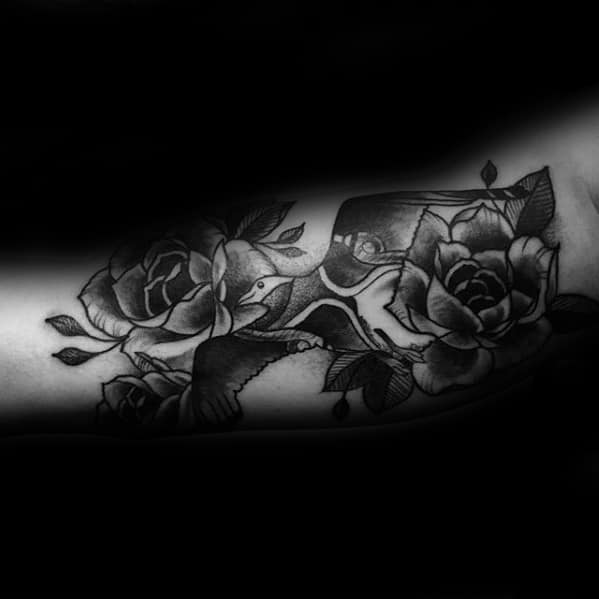 Rose Flower With Seagull Guys Old School Bicep Tattoos