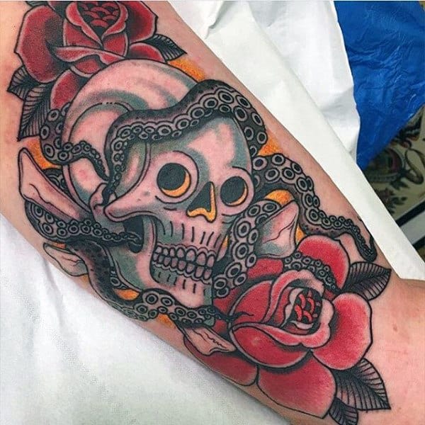 Rose Flower With Snake And Skull Guys Traditional Arm Tattoos
