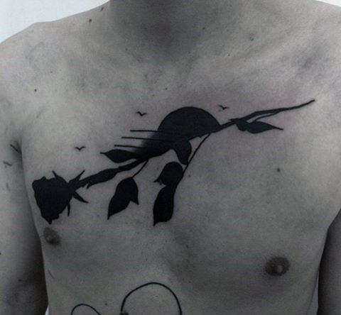 Rose Flower With Stem Blackwork Simple Chest Mens Tattoos