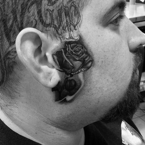 Rose Flower With Stem Mens Face Tattoos