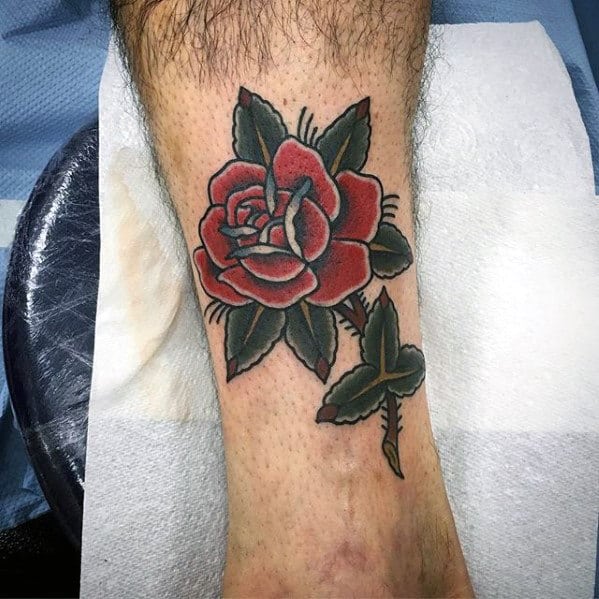 Rose Flower With Stem Traditional Leg Guys Tattoos