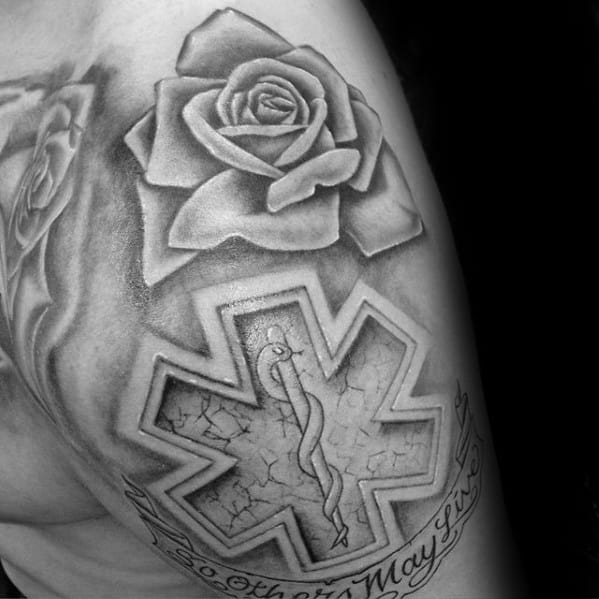Rose Flower With Stone Star Of Life Guys Upper Arm And Shoulder Tattoo