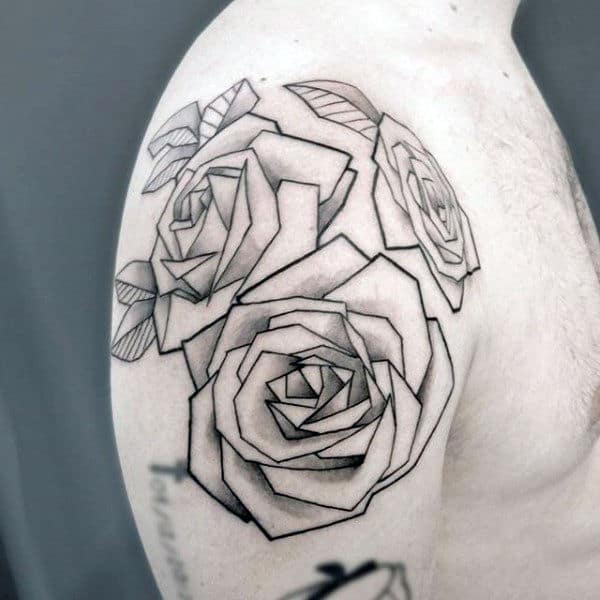 Rose Flowers Mens Origami Arm And Shoulder Tattoo