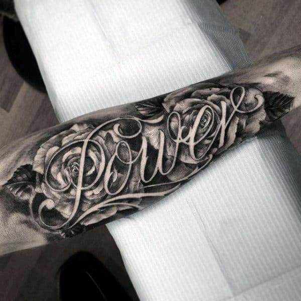 Rose Flowers Power Last Name Mens Script Forearm Tattoo Design Ideas