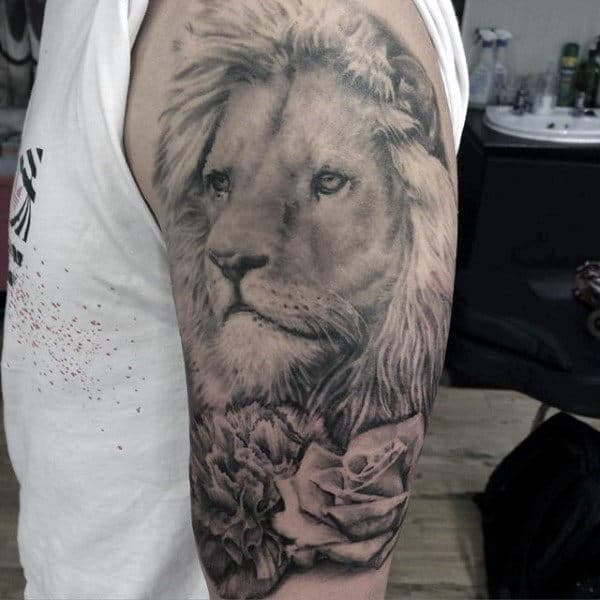 Rose Flowers Wiht Light Shaded Lion Male Half Sleeve Arm Tattoos