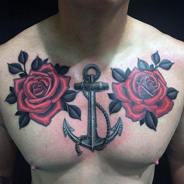 Rose Flowers With Anchor Guys Upper Chest Tattoo Design Ideas