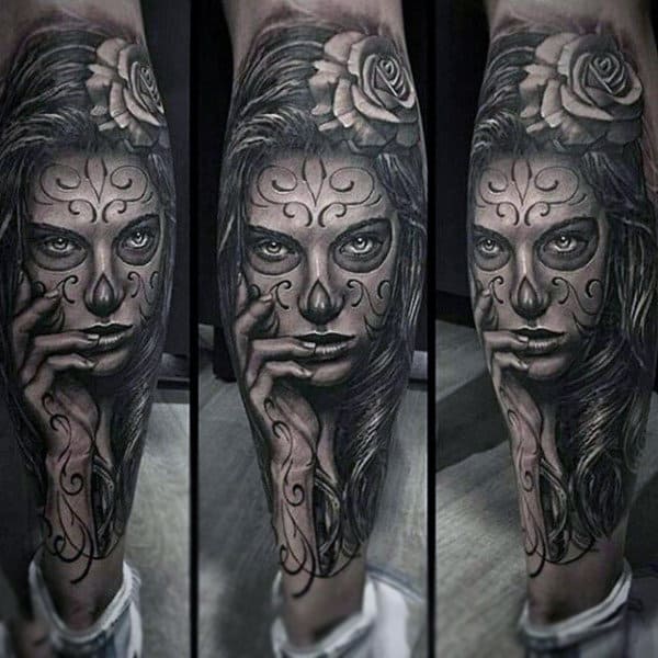 Rose Hair Pinned Lady In Thought Day Of The Dead Tattoo