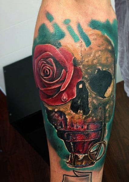 Rose Skull And Grenade Tattoos For Men On Legs