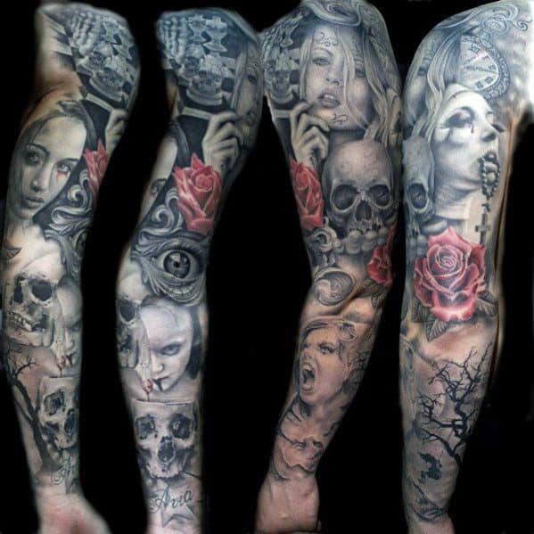 A detailed tattoo sleeve with skulls, roses, and portraits, blending gothic and vibrant elements