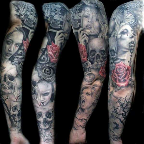 Sleeve tattoo featuring skulls, roses, faces, and various intricate designs