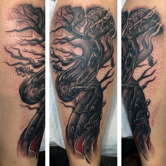 Rough Grey Oak Tree Tattoo On Calves For Men