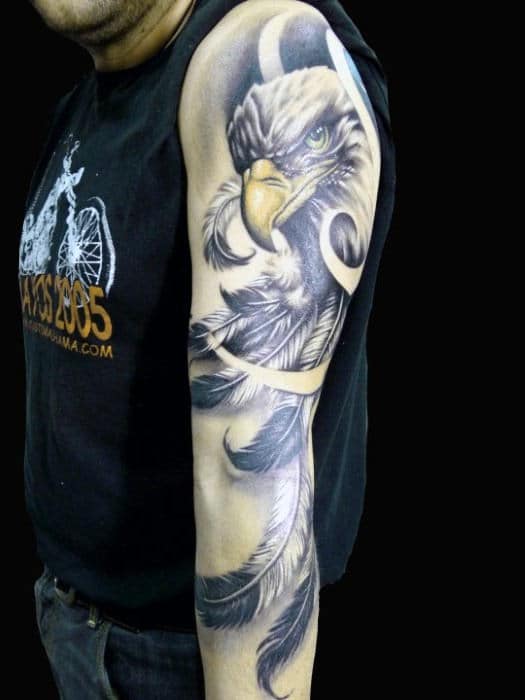 Royal Eagle And Feather Tattoo On Sleeves For Men