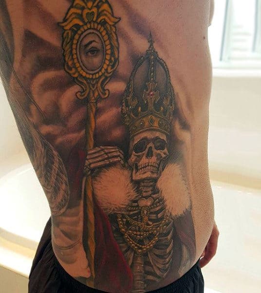 Royal Skeleton With Golden Mirror And Crown Tattoo Ribs Male