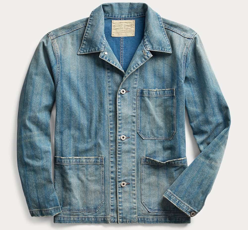 rrl striped indigo twill jacket blue, isolated on gray background
