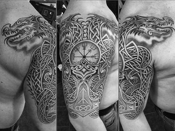 Rune With Celtic Dragon Guys Half Sleeve Tattoos