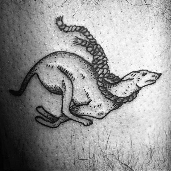 A unique black ink tattoo of a greyhound in motion, with its body morphing into a braided form, creating an intriguing and artistic representation of speed and fluidity.