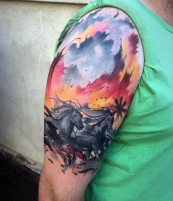 Running Horses Waterclor Artistic Mens Upper Arm Tattoos