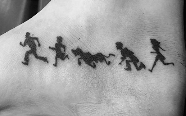 Minimalist black ink tattoo of the Scooby-Doo gang in silhouette, all running in a line with Scooby in the center.