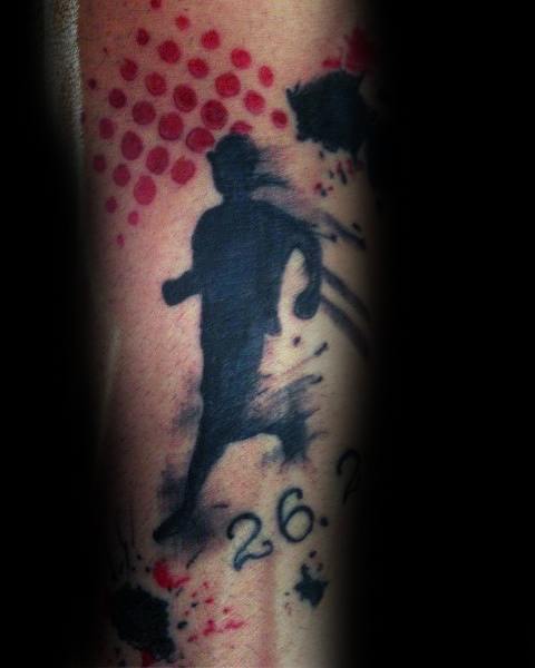 Abstract runner silhouette with red and black paint splatters and “26.2,” capturing the energy and emotion of marathon running.