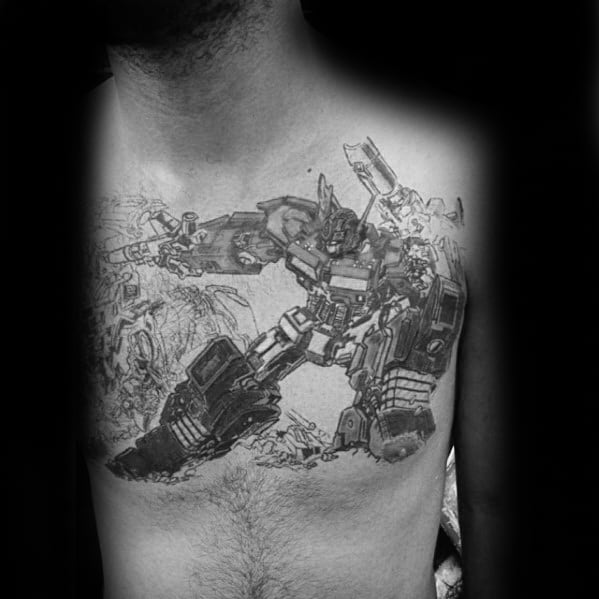 Running Transformers Mens Shaded Upper Chest Tattoo