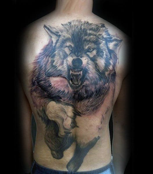 Running Wolf Guys Full Back Tattoo