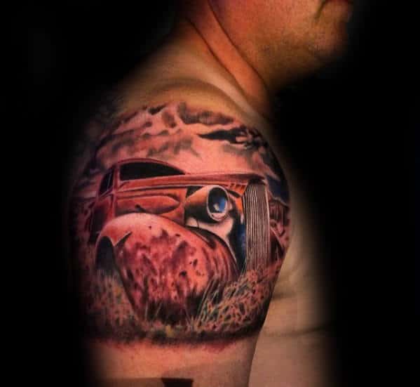 Rusted Chevy Car Mens Quarter Sleeve Tattoos