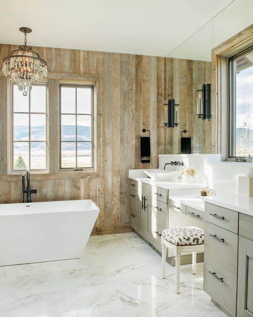 luxury rustic bathroom with wood panel walls