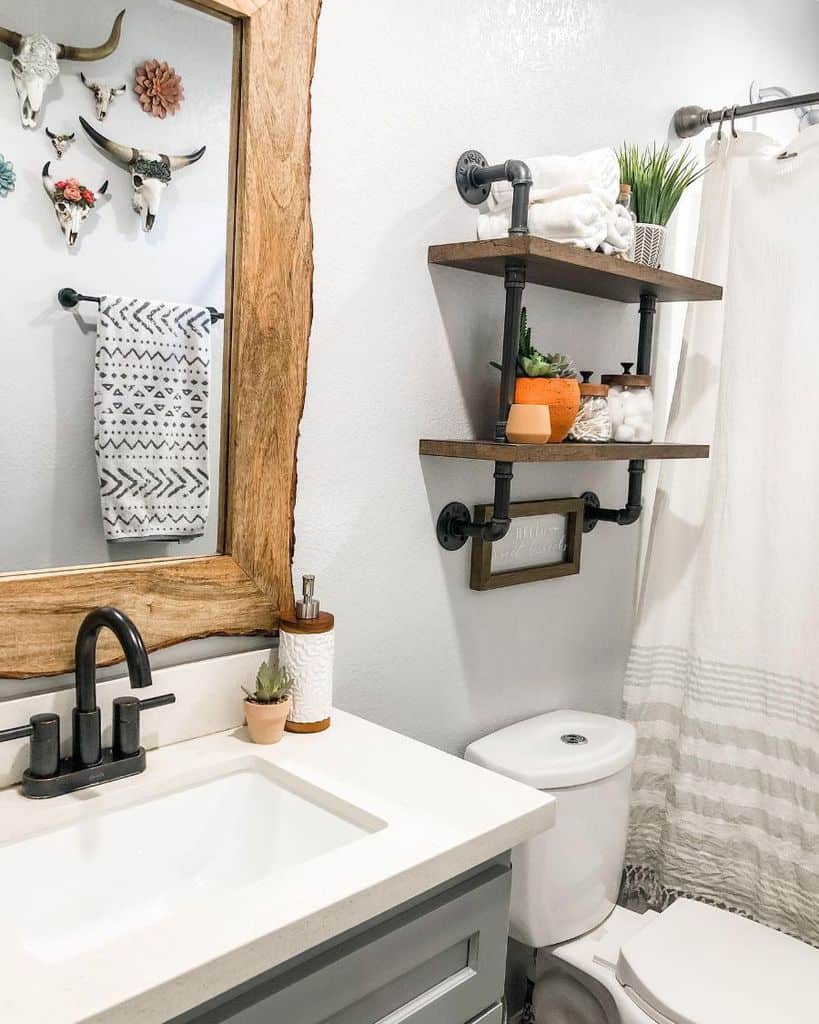 rustic bathroom with wood wall shelves